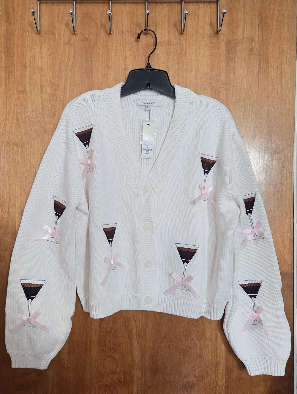 Francesca's Espresso Martini White Knit Button-Up Cardigan with Pink Bow Details